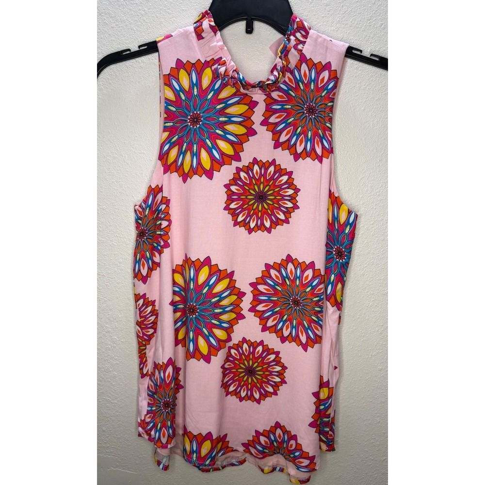 Boho Floral Medallion Sleeveless Blouse‎ Women's Small Pink Tie Neck Ruffle Top